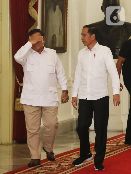 Presiden Joko Widodo saat menerima Ketua Umum Partai Gerindra Prabowo Subianto di Istana Merdeka, Jakarta, Jumat (11/10/2019). Dalam pertemuan tersebut mereka membahas permasalahan bangsa dan koalisi. (Liputan6.com/Angga Yuniar)