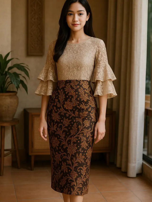 Model Batik Brokat Kombinasi Lengan Lonceng Tiga Lapis