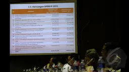Sebuah slide tentang Rancangan APBN-P 2015 saat rapat kerja  komisi VII DPR RI, Senin (09/02/2015). Rapat membahas Rancangan APBN-P 2015 dalam kementerian Lingkungan Hidup dan Kehutanan Republik Indonesia. (Liputan6.com/Andrian M Tunay)