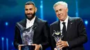 Sementara itu predikat pelatih terbaik versi UEFA tahun 2022 menjadi milik Carlo Ancelotti. Pelatih asal Italia ini merupakan tokoh kunci sukses Real Madrid mengawinkan titel juara La Liga dan Liga Champions musim 2021/2022. (AFP/Ozan Kose)
