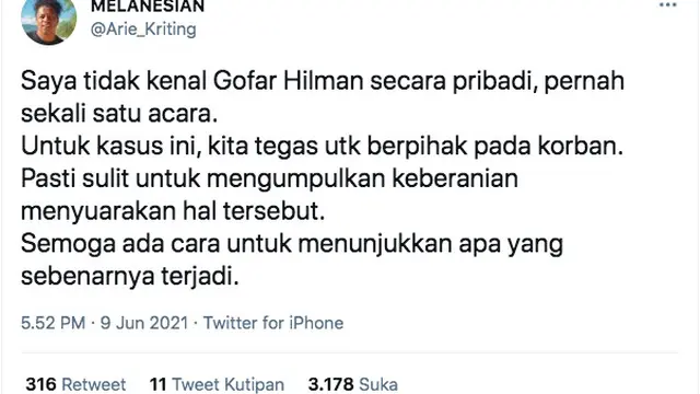 Arie Kriting Turut Komentari Kasus Dugaan Pelecehan Seksual yang Dilakukan Gofar Hilman