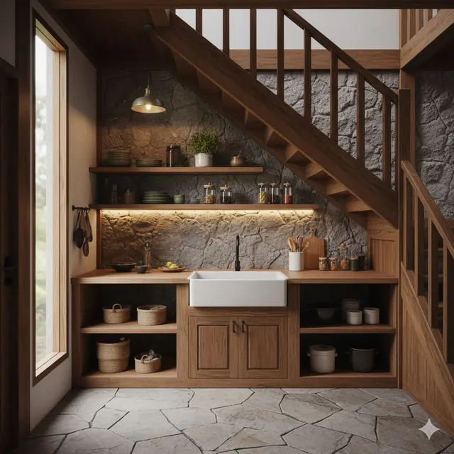 Dapur Rustic dengan Aksen Batu Alam dan Rak Kayu Terbuka