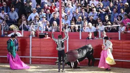 Seorang matador menikamkan pedangnya kepada seekor banteng dalam arena pertandingan di Tijuana, Meksiko, Minggu (8/4). Olahraga kontroversial ini telah dilarang di beberapa negara bagian Meksiko. (Mario Tama/Getty Images/AFP)