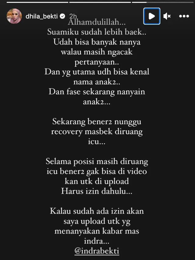 Unggahan Aldila Jelita soal kondisi terkini Indra Bekti. (Foto: Dok. Instagram @dhila_bekti)