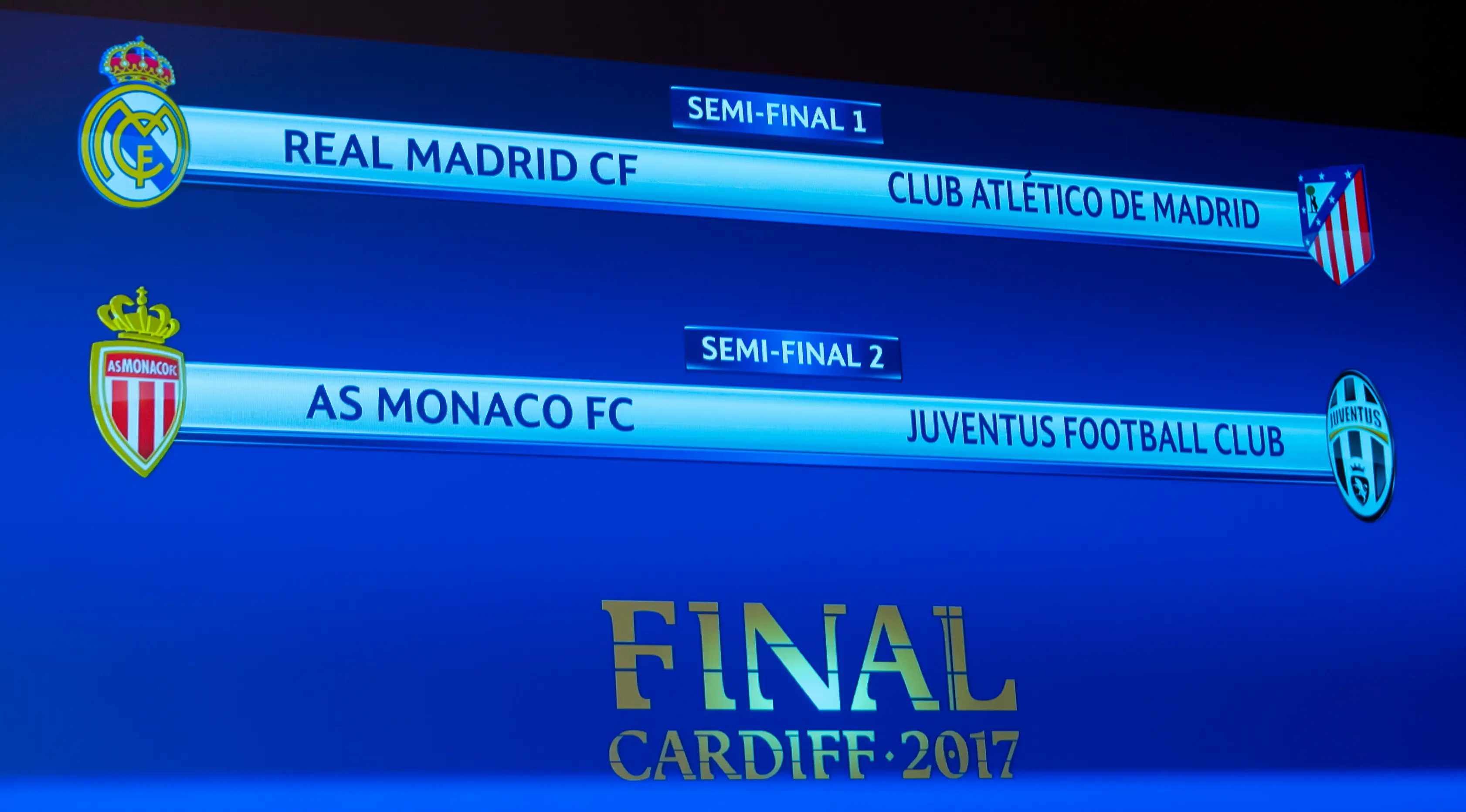 Sebuah layar menunjukkan hasil undian Semi Final Piala Champion, dimana Real Madrid bertanding melawan Atletico Madrid dan AS Monaco melawan Juventus di Nyon, Swiss, (21/4). (Jean-Christophe Bott / Keystone via AP)
