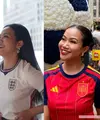 Yura Yunita tampil dengan dua OOTD sporty chic saat menonton perempat final Piala Dunia 2026 bersama Donne Maula: jersey Spanyol dan Inggris dipadu mini skirt. (@yurayunita)
