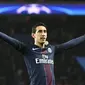 Gelandang PSG, Angel Di Maria melakukan selebrasi usai mencetak gol ke gawang Barcelona pada pertandingan babak 16 besar Liga Champions di Parc Des Princes, Paris, (15/2). PSG menang 4-0 atas Barcelona. (AFP Photo / Christophe Simon)