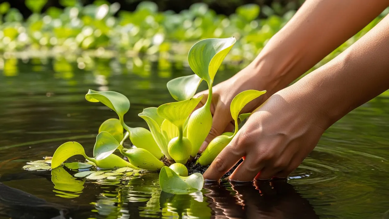 Menanam Enceng Gondok di Kolam Ikan (Gemini AI)