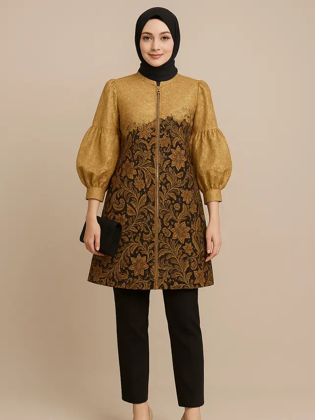 Model Tunik Batik Resleting Depan Kombinasi Lengan Balon