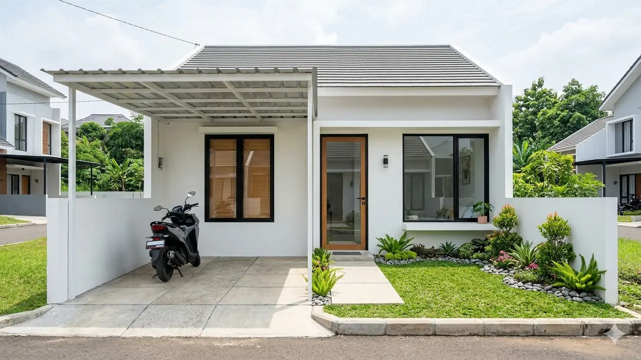 Desain Rumah Kecil 6 x 10 dengan Taman Depan Mini dan Kanopi. Gemini