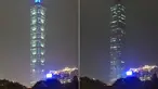 Kombinasi foto ini menunjukkan Taipei 101, gedung komersial setinggi 508 meter, dengan lampu menyala dan mati selama kampanye lingkungan Earth Hour di Taipei pada 25 Maret 2023. (Photo by Sam Yeh / AFP)