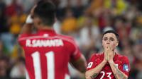 Pemain Timnas Indonesia, Eliano Reijnders, tampak kecewa setelah gagal mencetak gol ke gawang Australia dalam matchday ketujuh Grup C di Sydney Football Stadium, Sydney, pada Kamis (20/3/2025) sore WIB. (AP Photo/Mark Baker)