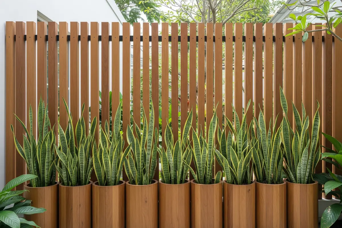 Pagar Kayu Vertikal dengan Tanaman Lidah Mertua (Sansevieria)