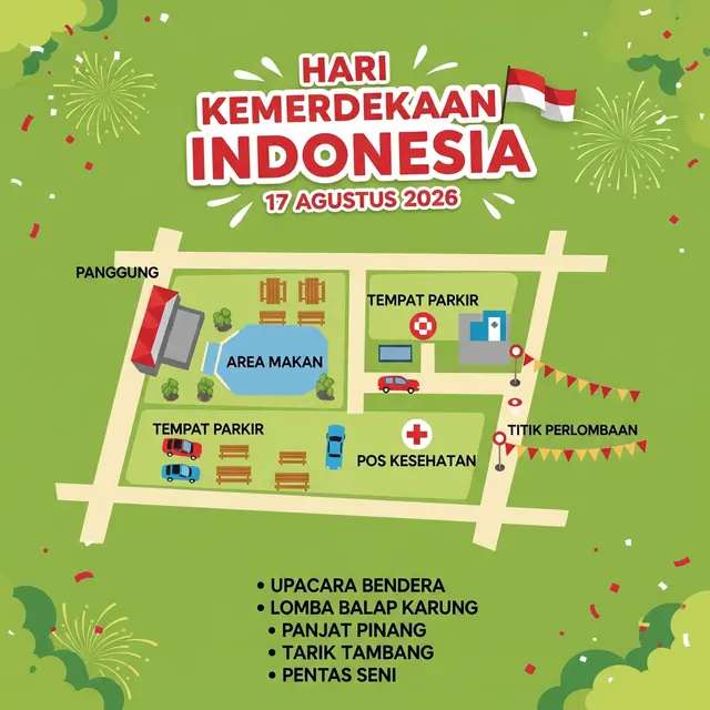 Desain spanduk 17 Agustus 2026 yang kreatif dan belum pernah dibuat model berkonsep peta kampung