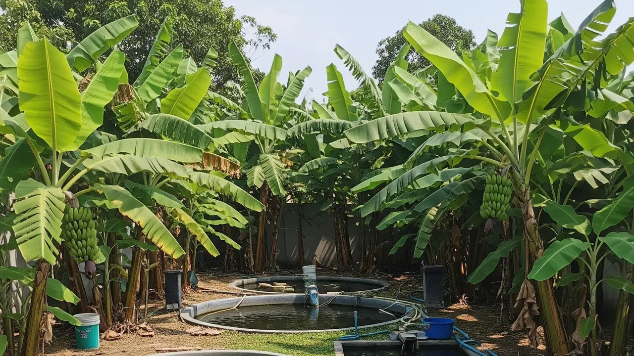 Ternak Lele di Lahan Pekarangan dengan Pohon Pisang (Gemini AI)