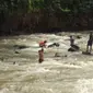 Pria tewas setelah nyebur ke Sungai Ciliwung di Bogor. (Liputan6.com/Achmad Sudarno)