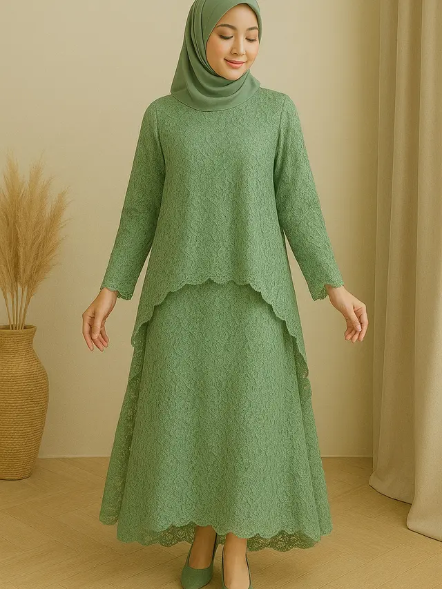 Gamis Brokat Islami Warna Sage dengan Outer Modern