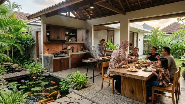 Desain Dapur Semi Outdoor dengan Kolam Ikan Mini