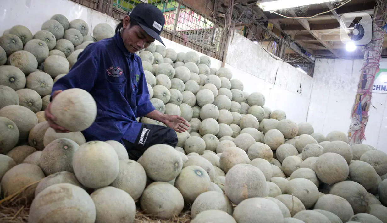 Pedagang menata melon di Pasar Induk Sayur Buah Kramat Jati, Jakarta, Selasa (5/4/2022). Memasuki bulan suci Ramadhan, permintaan buah-buahan mengalami peningkatan untuk diolah menjadi menu berbuka puasa. (Liputan6.com/Faizal Fanani)