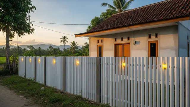 Pagar PVC Vertikal dengan Lampu Halaman