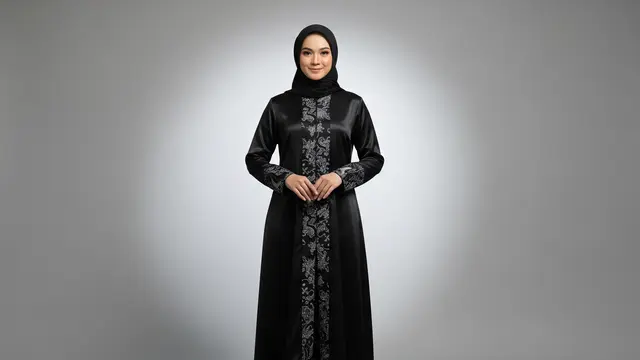 Gamis Batik Hitam Modern Minimalis dengan Satin Matte