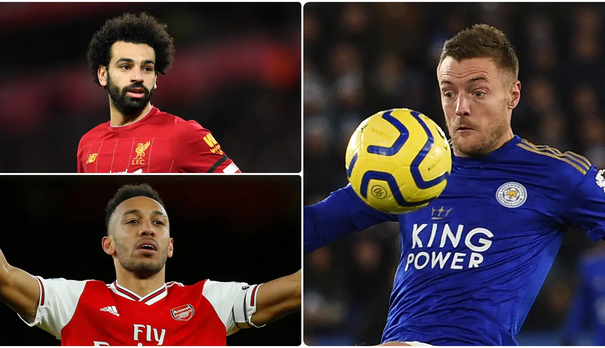 Berikut ini daftar topskor sementara Premier League musim 2019/2020. Jamie Vardy berada di posisi pertama dengan koleksi 19 gol, sementara Mohamde Salah berada di urutan keempat dengan torehan 16 gol. (kolase foto AFP)