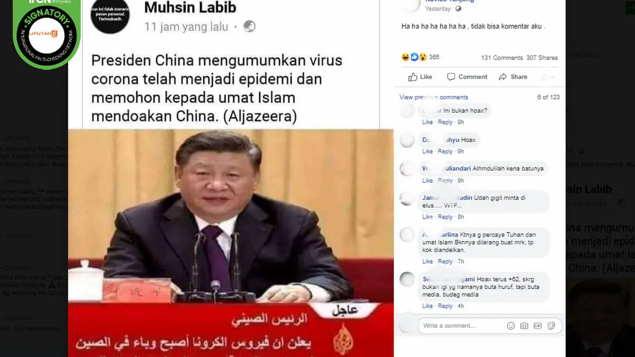 [Cek Fakta] Presiden China Umumkan Virus Corona Sudah Jadi Epidemi dan Minta Doa Umat Islam?