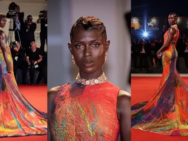 Foto kolase memperlihatkan Jodie Turner-Smith berpose untuk fotografer setibanya pada pemutaran perdana film 'Bardo' dalam Venice Film Festival 2022 di Venesia, Italia, 1 September 2022. Jodie Turner-Smith memancarkan keanggunan saat menghiasi karpet merah Venice Film Festival 2022. (Photo by Vianney Le Caer/Joel C. Ryan/Invision/AP)