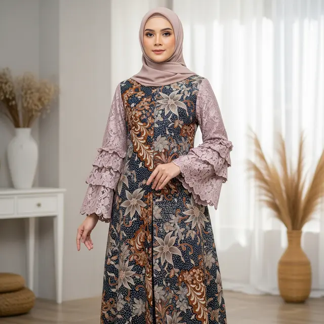 9 Gamis Batik Kombinasi Brokat Lengan Panjang Elegan, Tren Busana Muslimah 2025