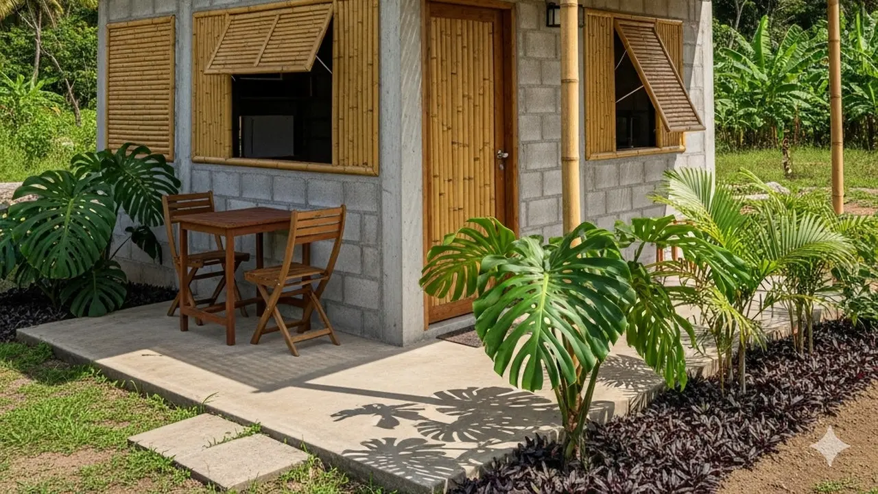 Model Rumah Kecil Tapi Cantik 4x6 Meter dari Batako dan Bambu dengan Teras dan Taman Mini (Image by Gemini)