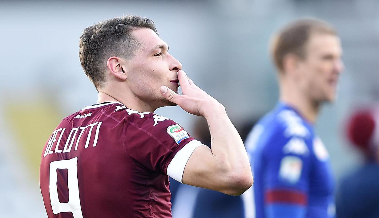 Penyerang Torino, Andrea Belotti memimpin top scorer Serie A Italia dengan koleksi 22 gol hingga pekan ke-29. (Alessandro Di Marco/ANSA via AP)