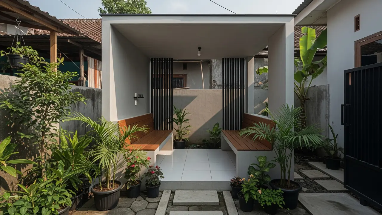 Desain Gazebo Minimalis Modern untuk Lahan Sempit Ukuran 2x2 Meter Model Bangku Menyatu
