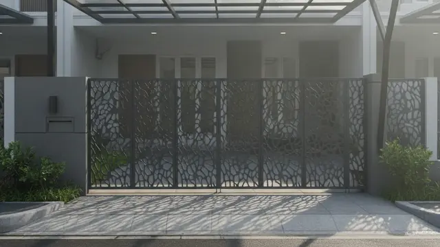 Ide Pagar Rumah Kombinasi Besi dan Kanopi Transparan. AI