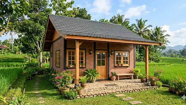 Desain Rumah Bata Merah Sederhana dengan Nuansa Hangat ala Desa. Gemini