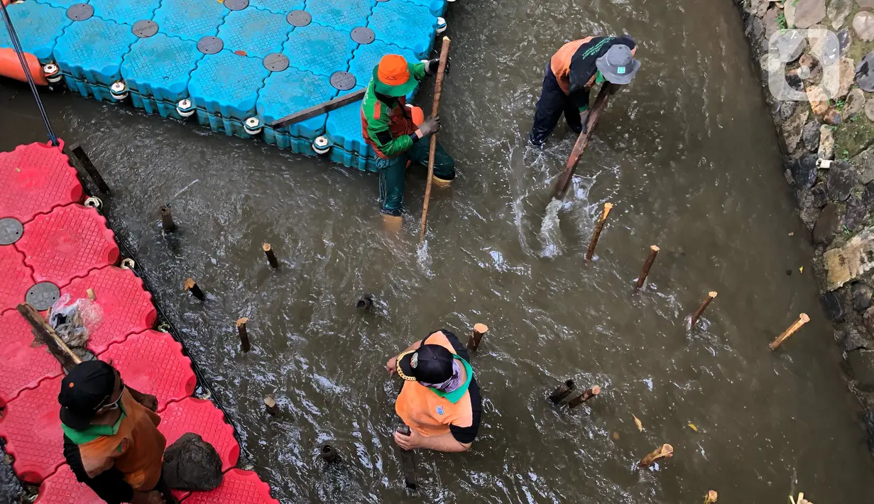 Petugas membuat jebakan sampah di Kali Pancoran, Jakarta, Kamis (12/11/2020). Jebakan sampah tersebut dibuat guna memermudah petugas saat membersihkan kali, terutama saat musim hujan. (Liputan6.com/Immanuel Antonius)
