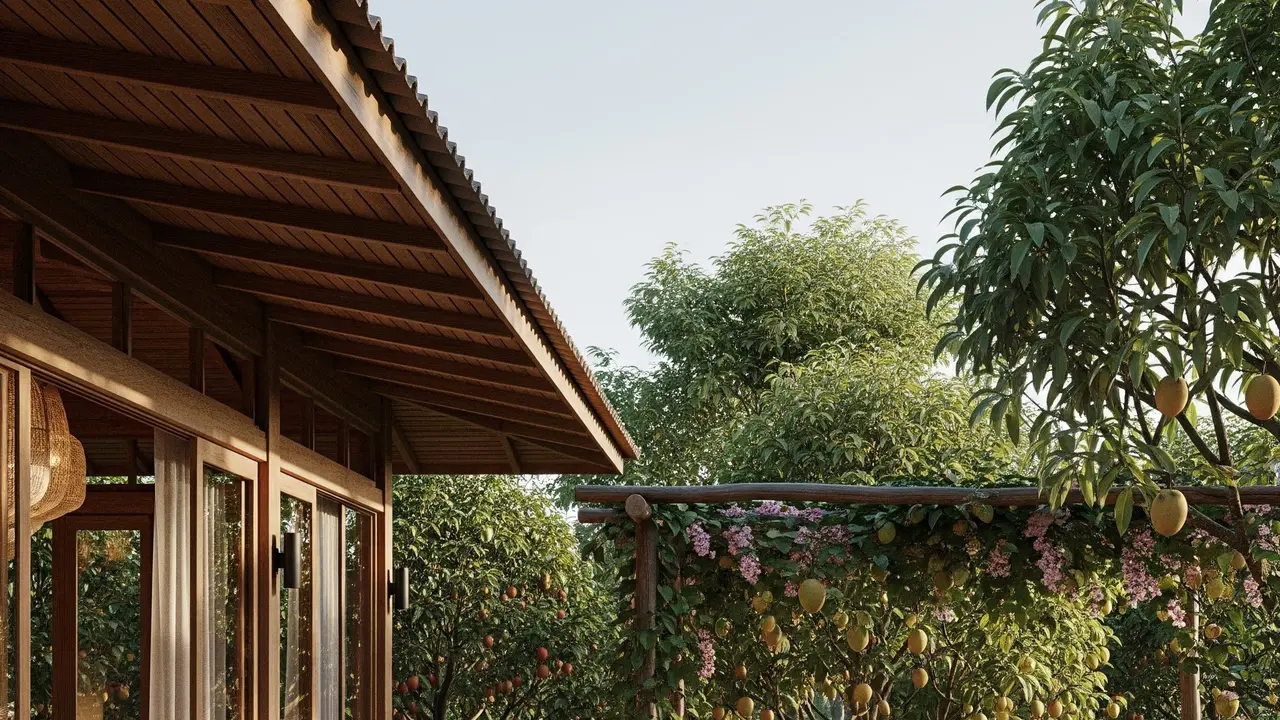 Desain Rumah Sejuk dengan Kebun Buah Campuran dan Area Santai (Gemini AI)