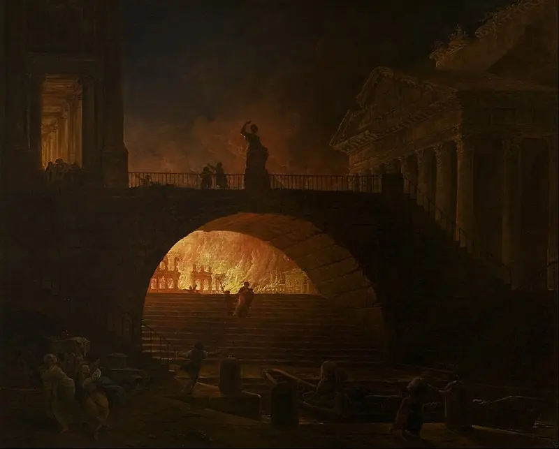 Gambaran kebakaran dahsyat yang melanda kota Roma dalam lukisan  karya Hubert Robert pada 1785 (Wikipedia/Public Domain).