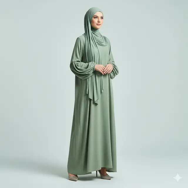 Inspirasi Dress Panjang Polos Minimalis Kombinasi Kerudung Muslim.