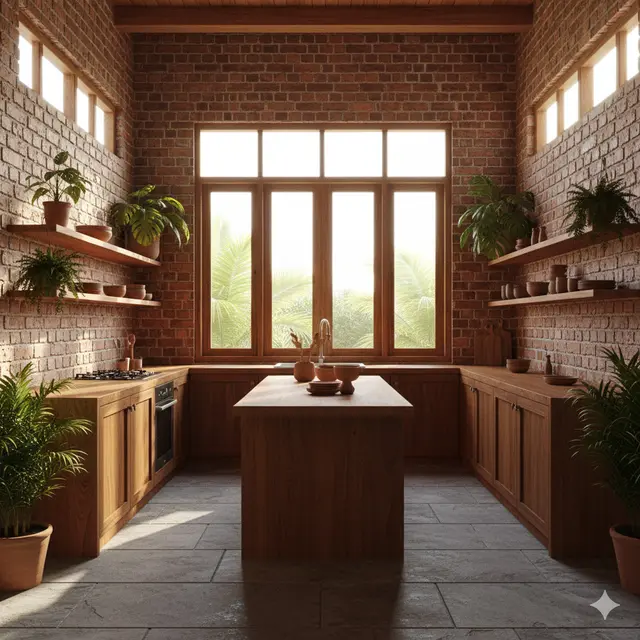 Model Dapur Rustic Tropis dengan Pencahayaan Alami dan Dinding Bata Merah. Gemini