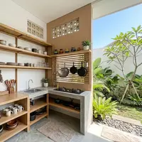 Dapur Semi Outdoor dengan Rak Terbuka/ Desain Dapur Semi Outdoor untuk Rumah Pedesaan (Sumber; gemini.com)