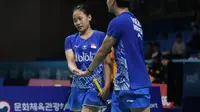 Ekspresi Rinov Rivaldy/Pitha Haningtyas Mentari pada semifinal Korea Terbuka 2019 di Incheon, Sabtu (28/9/2019). (PBSI)