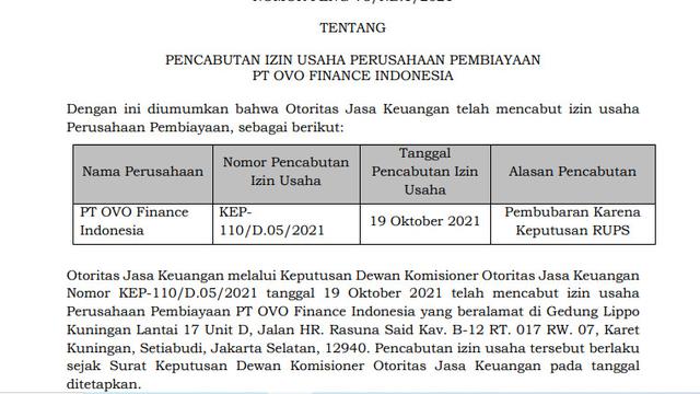 Otoritas Jasa Keuangan (OJK) mencabut izin usaha perusahaan pembiayaan PT OVO Finance Indonesia. Pencabutan ini tertuang dalam KEP110/D.05/2021 OJK tertanggal 19 Oktober 2021.