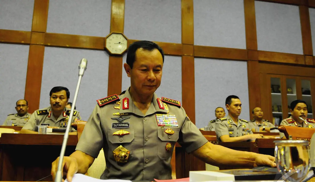 Kapolri Jenderal (Pol) Sutarman, menghadiri rapat kerja dengan Badan Legislasi DPR, Jakarta, Senin (15/9/2014) (Liputan6.com/Andrian M Tunay)