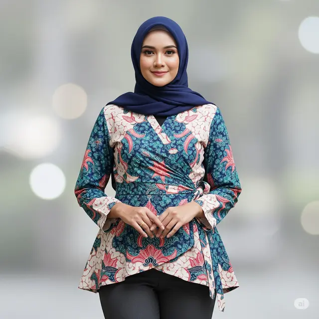 Model Baju Batik Kantor Wanita Berjilbab Modern. Foto: Gemini
