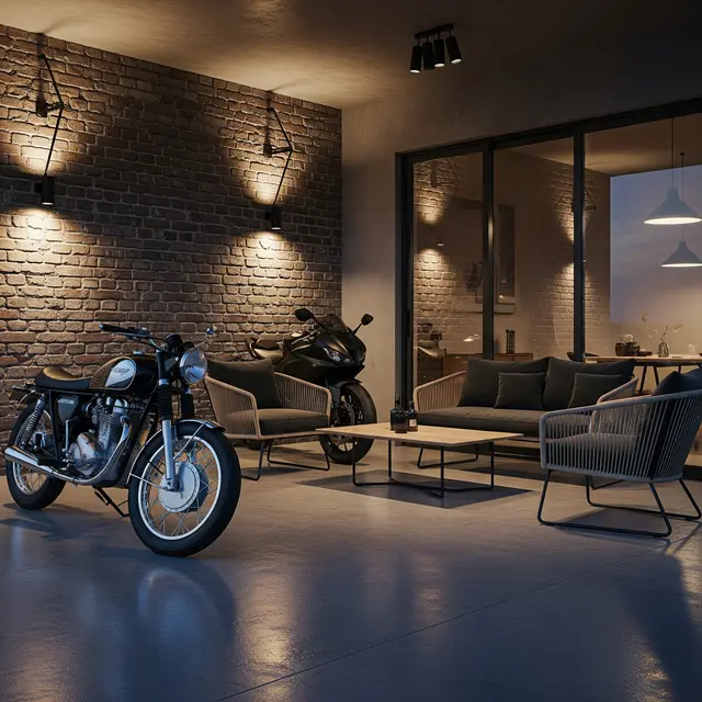 Desain Teras Rumah untuk Dua Motor dan Tempat Duduk Santai Sekaligus (Image by Gemini AI)