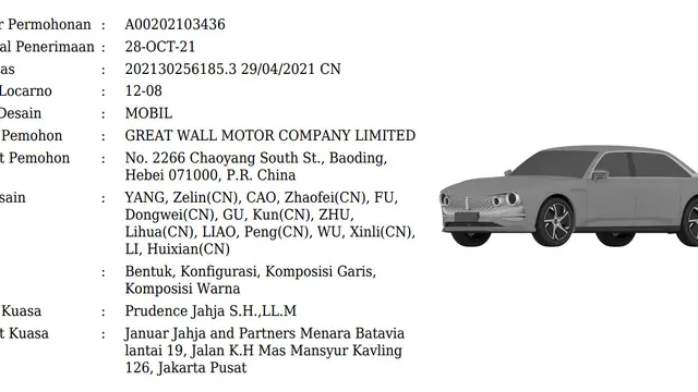 Paten mobil sedan WEY (DJKI Kemenkumham)