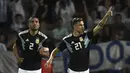 Selebrasi Paolo Dybala usai mencetak gol kedua timnas Argentina ke gawang Meksiko Meksiko pada laga persahabatan yang berlangsung di stadion Malvinas, Rabu (21/11). Argentina menang 2-0 atas Meksiko (AFP/Andres Larrovere)
