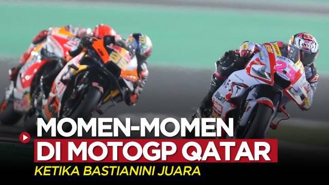 Berita video beberapa momen penting yang terjadi saat balapan MotoGP Qatar 2022, di mana Enea Bastianini menjadi juara, Minggu (6/3/2022) malam hari WIB.