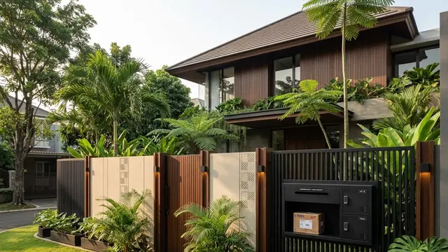 Pagar Kombinasi Panel Solid dan Kisi dengan Tempat Paket