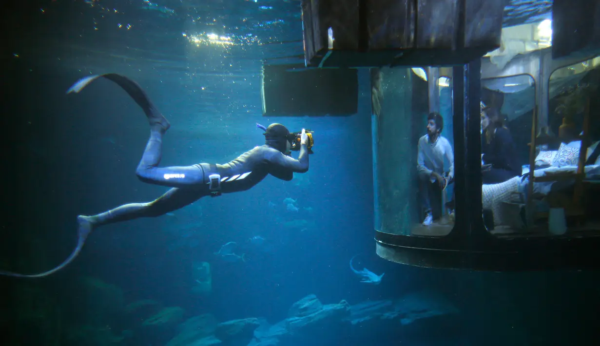 Penyelam mengambil gambar pengunjung yang tengah melihat hiu dari sebuah kamar saat menginap di hotel bawah air Aquarium of Paris, Prancis, 14 Maret 2016. Hotel tersebut menawarkan sensasi menginap yang menegangkan dan seru. (REUTERS/Charles Platiau)